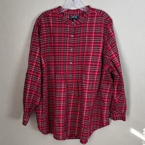 Lands End Women's Red/Silver Plaid Flannel Roll Tab Sleeve Plus Size 24W